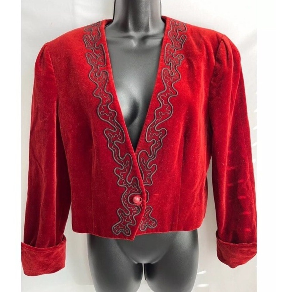 Vtg Designer Jaeger Velvet Cropped Red Blazer Jacket Embroidered 10 12 M Witchy